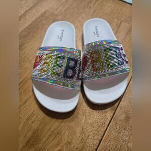 bebe White Slide Sandals with Rhinestone Embellishments